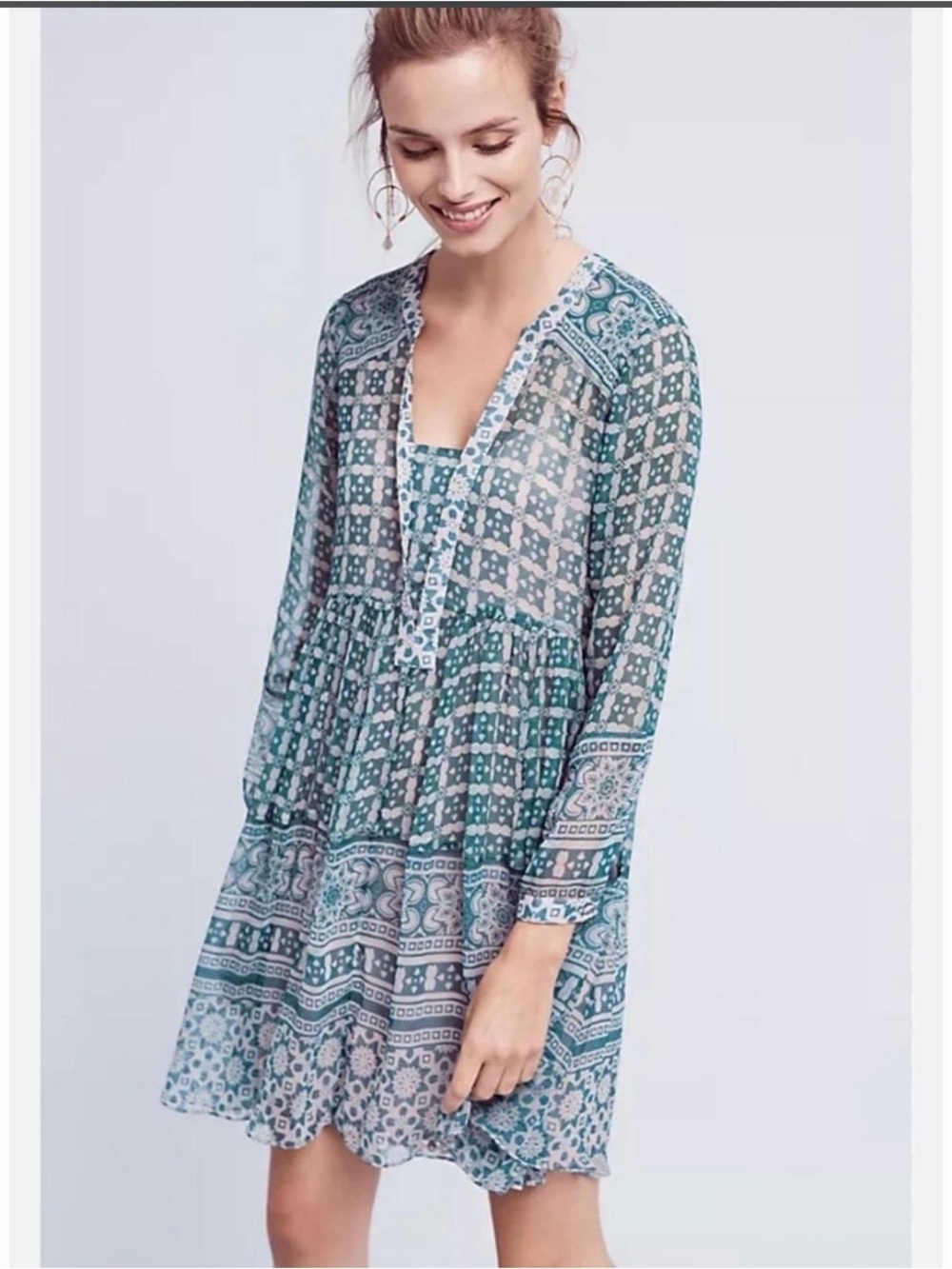 Maeve Teal & White Patterned V-Neck Tunic